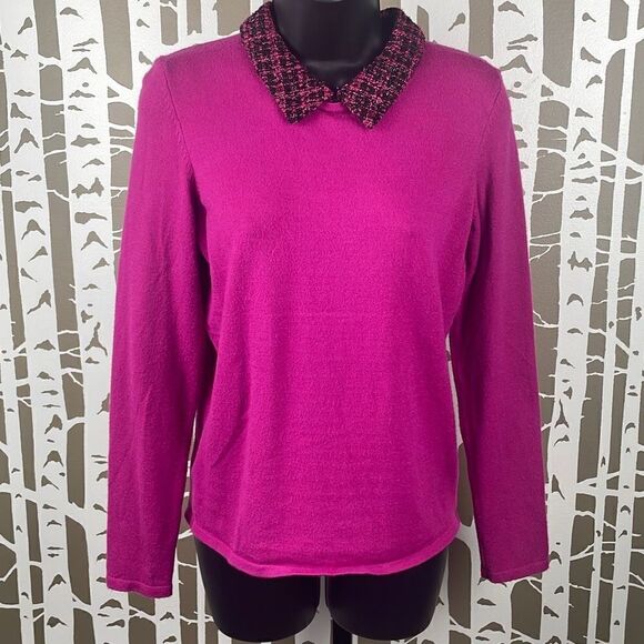 Maison Jules Fuschia Pink Stretch Fitted Sweater w Tweed Sparkly Collar sz M - Picture 2 of 11
